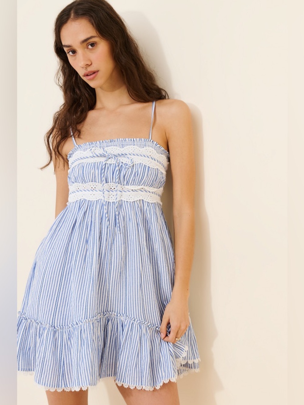 Patrons of Peace Striped Babydoll Eyelet Dress M Sleeveless Smocked Back Lined